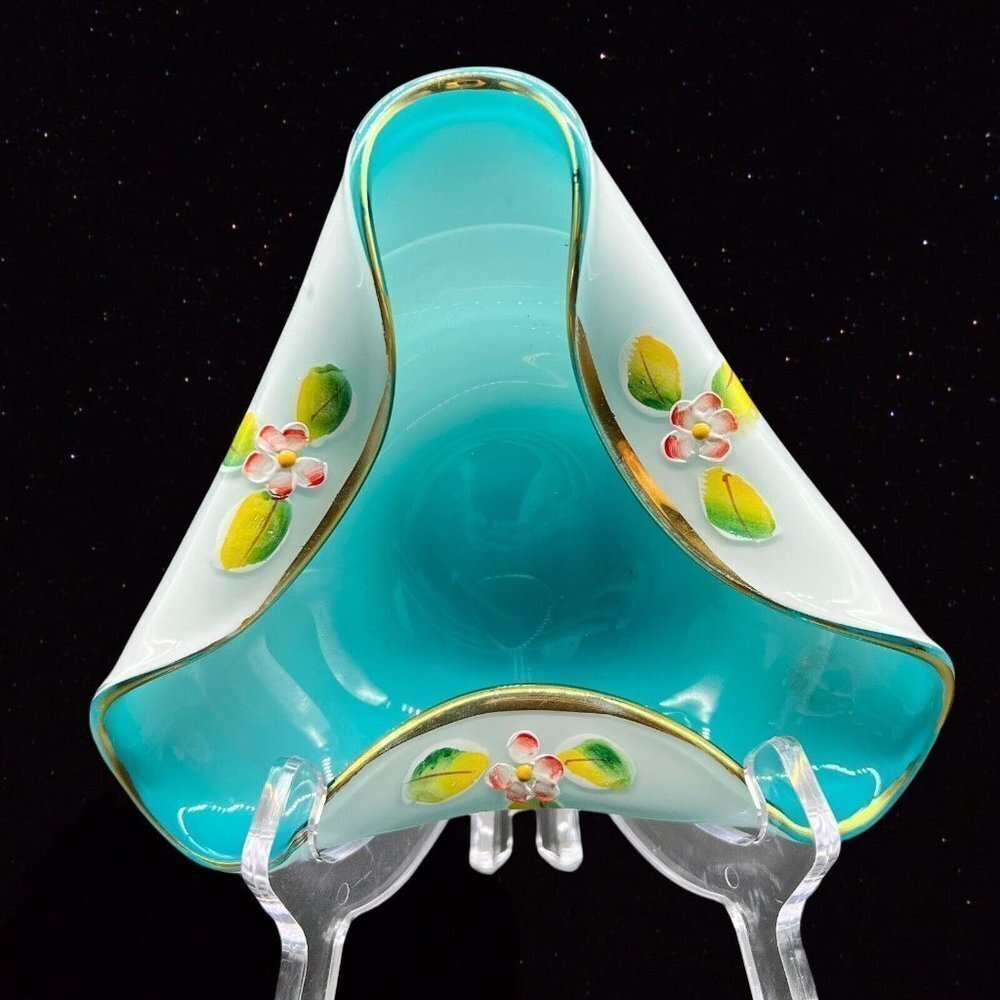 Czech Art Glass‎ Pinched Cased Bowl Dish Trinket Aqua Blue Hand Painted 6”D 2”T